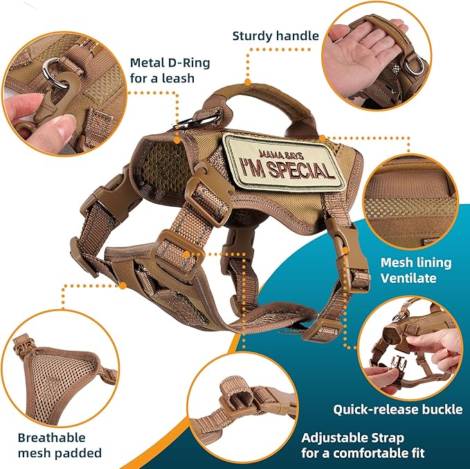 Tactical Cat Harness Khaki for Walking Esacpe Proof,Adjustable Soft Mesh Large Cat Vest with Rubber Handle Easy to Control,Molle Patches L