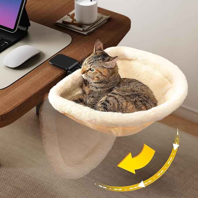 Cat Desk Bed - One-Click Folding,Sunken Design & Space-Saving Semi-Circular Cat Bed, Soft Faux Rabbit Fur Material, Suitable for Various Desktops-Maximum Hold Up to 40lb