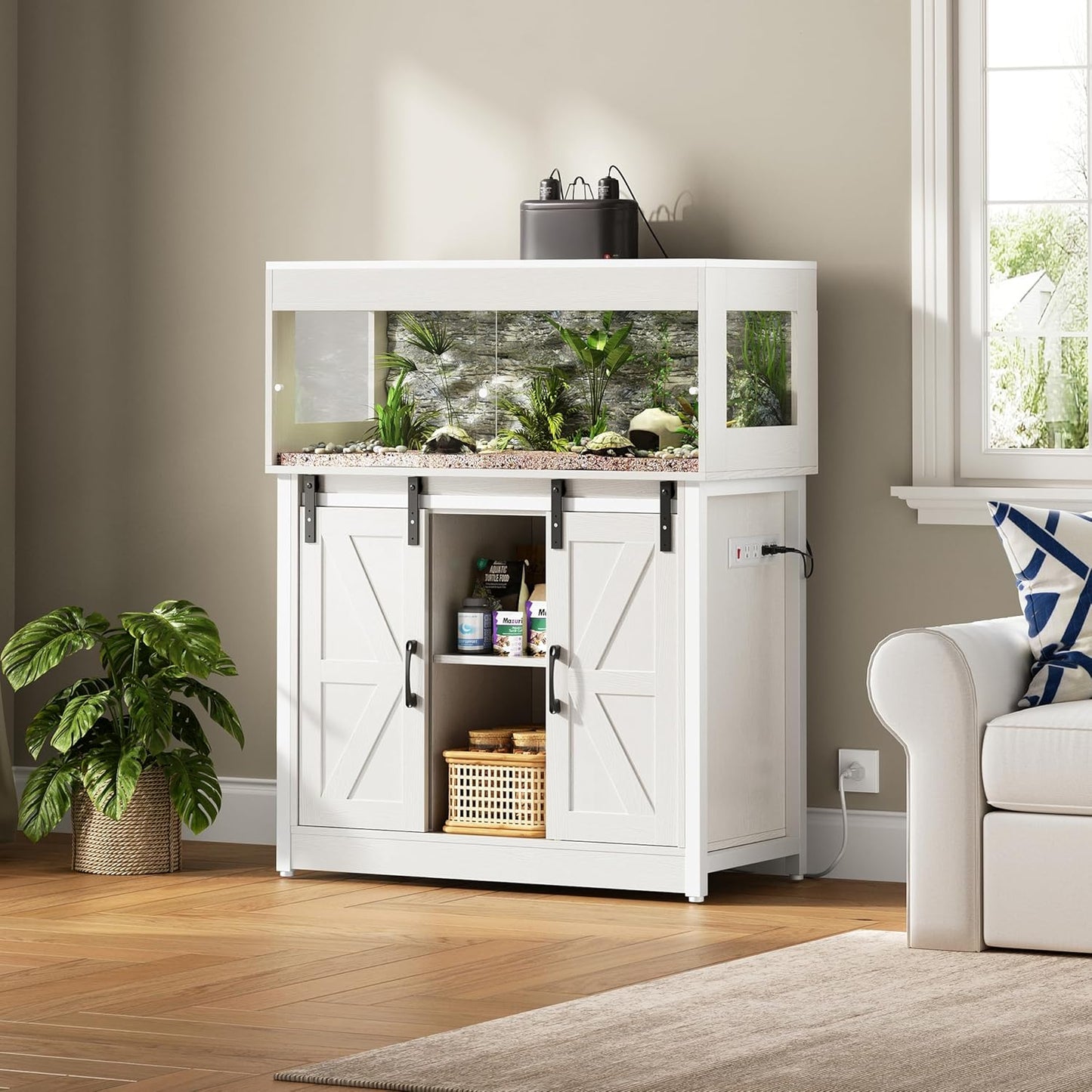 40 Gallon Reptile Terrarium with Stand, Reptile Tank with Barn Door and Storage, Vivarium with Acrylic Doors, Ventilated Mesh Top & Power Outlet, for Geckos, Lizards, Snakes White PX06RTW - FurryFun
