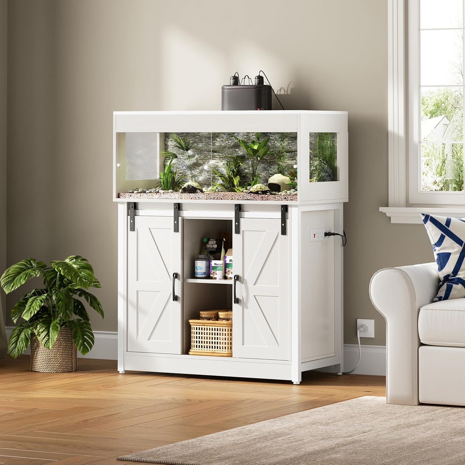 40 Gallon Reptile Terrarium with Stand, Reptile Tank with Barn Door and Storage, Vivarium with Acrylic Doors, Ventilated Mesh Top & Power Outlet, for Geckos, Lizards, Snakes White PX06RTW - FurryFun