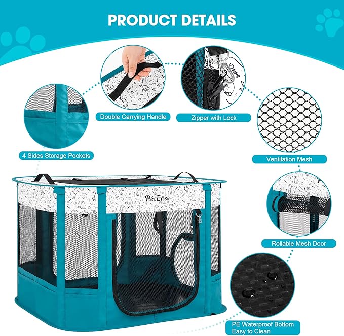 Portable Cat Playpen with Litter Box, Cat Enclosure for Camping, Cat Recovery Playpen After Surgery, Foldable Indoor Outdoor Pet Tent for Cats Rabbits Puppies (Peacock Blue)