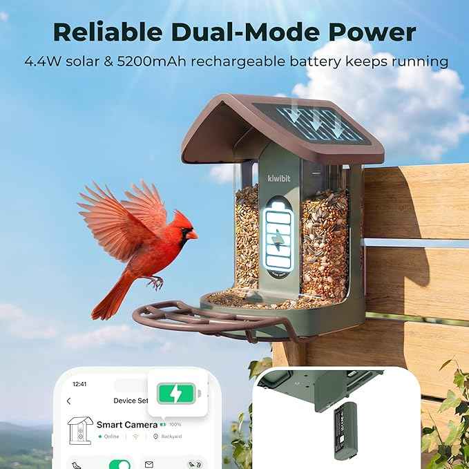 Solar Smart Bird Feeder with Camera - No Subscription, AI Bird Identification Included, 4K HD Live Video & 8MP Photos, Wireless Outdoor Wild Bird Watching Gifts for Bird Lovers, Brown