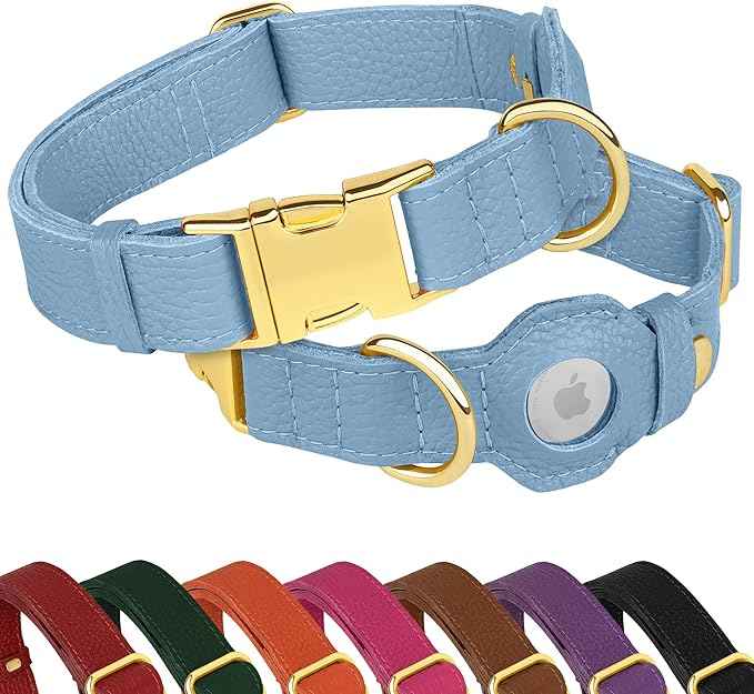 Leather Airtag Dog Collar - Soft Tracking Dog Collar with Apple AirTag Holder and Metal Buckle - Safety GPS Pet Collars for Small Medium Large Dogs Puppy Pink Red (Cornflower, XS, 9"-12" Neck Fit)