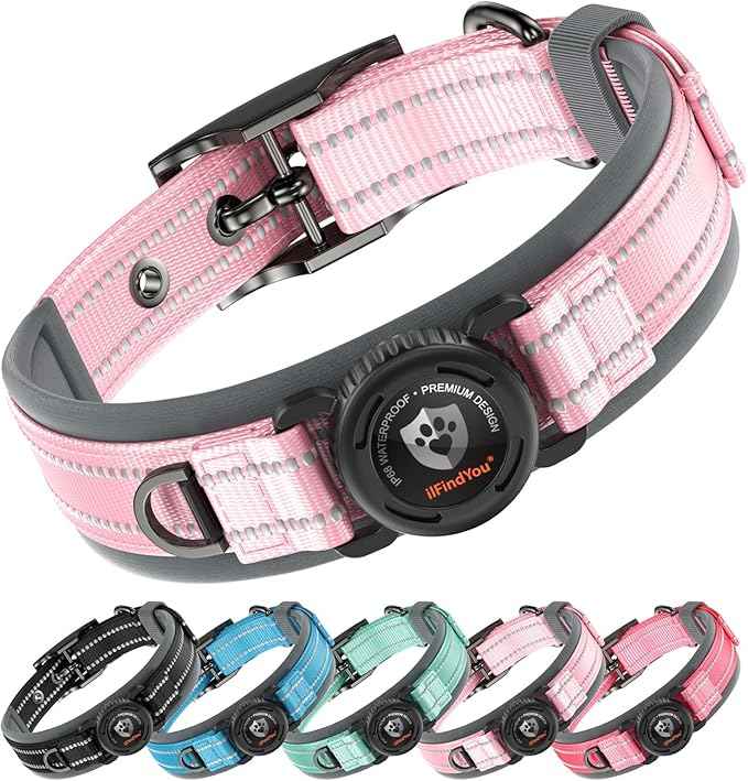 Upgraded AirTag Dog Collar with Holder, Waterproof Reflective Air Tag Dog Collar with Widened Comfortable Padding & Ultra-Durable Metal Buckle, Adjustable for Large Dogs (L, Pink)