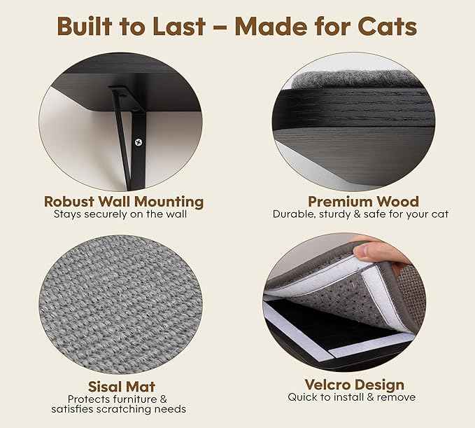 Cat Wall Shelves Set of 2, Black Solid Wood Cat Lounging Shelf with Grey Sisal Cushion, Wall-Mounted Space-Saving Climbing Shelf, Window Perch for Kittens & Cats, Black Furniture for Indoor