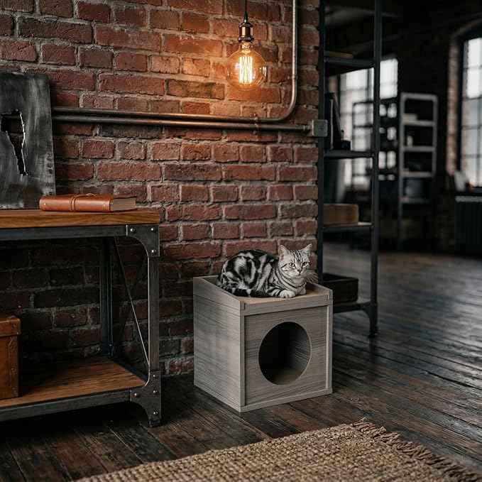 Meowdium Cat House – Cat Condo with Cardboard Scratcher, Scratching Post, Bed & Toy Storage, Cozy Cat Furniture & Accessories for Indoor Cats, Greywood