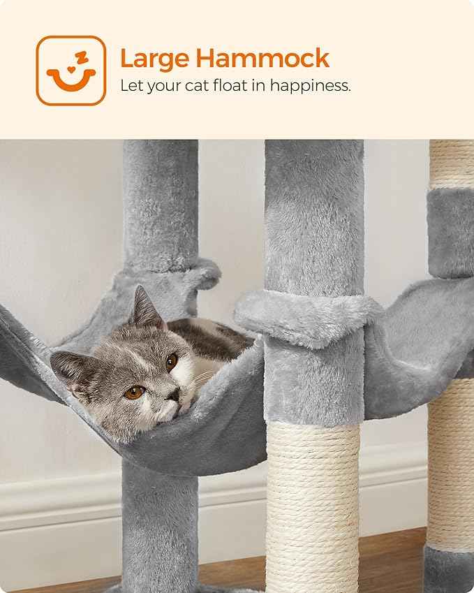 Feandrea Cat Tree, 55.1-Inch Cat Tower, Plush Multi-Level Condo with 4 Scratching Posts, 2 Perches, Hammock, Cave, Light Gray UPCT161W01