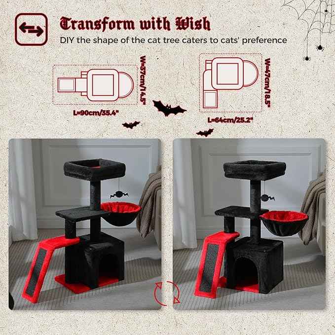 PETEPELA Gothic Cat Tree Tower for Indoor Cats, 31.5'' Small Cat Tower Condo with Sisal Scratching Ramp, Cozy Hammock and Removable Flower Cat Bed Perch for Kittens, Black