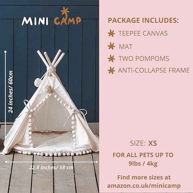 MINICAMP Pet Teepee Tent with Padded Mat – Cozy Cotton Hideaway Tent for Rabbits, Puppies, Cats & Guinea Pigs – Pet Accessories for Indoor - Made in EU XS