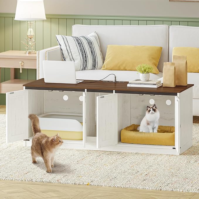 Cat Litter Box Enclosure for 2 Cats, Hidden Litter Box Furniture Cabinet with Double Room, Indoor Cats House with USB Ports & Power Outlets, Farmhouse Style, Rustic Brown and White CB82514XV1
