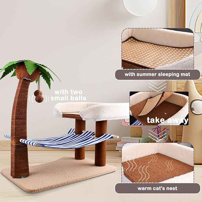 Cat Tree with Cat Bed Tower, 29.5 Inches Tall Cat Scratcher with Hammock for Indoor Cats, Sisal Rope Cat Scratch Post Tall with Hanging Ball for Small Cat Kitten