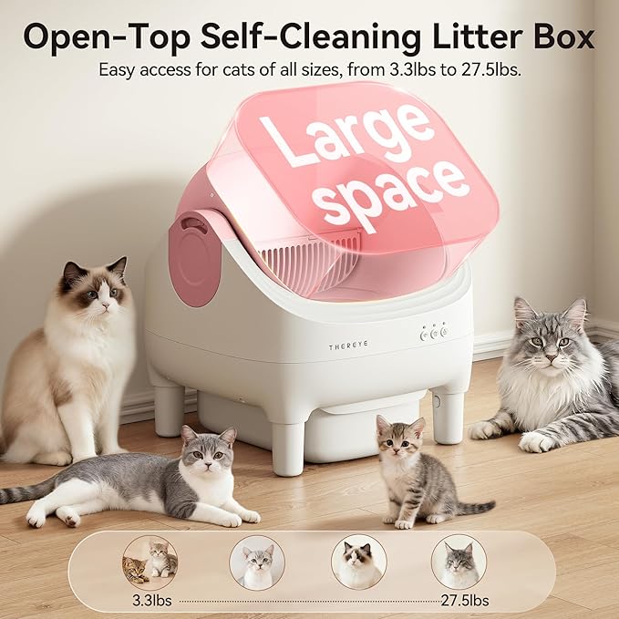 Thereye Self Cleaning Litter Box, Open-Top Automatic Litter Box with Smart App and Safety Sensors, Large Auto Litter Box for Multiple Cats, 10L Waste Bin with Odor Control, Includes Trash Bag, Pink