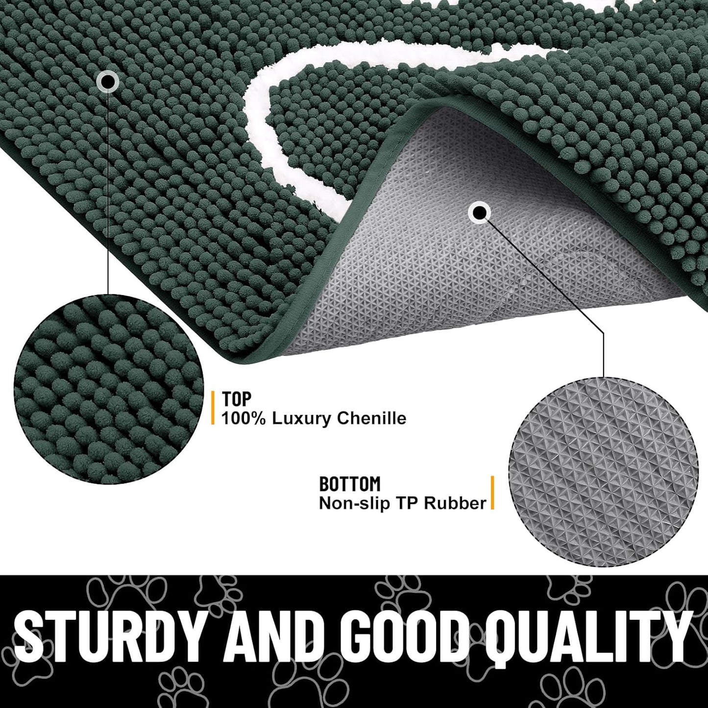 Smiry Dog Door Mat for Muddy Paws, Absorbent Dirt Trapper Non Slip Quick Dry Washable Chenille Mat for Mud Dogs, Entry Rug for Indoor and Outdoor (47x24 Inches, Green)