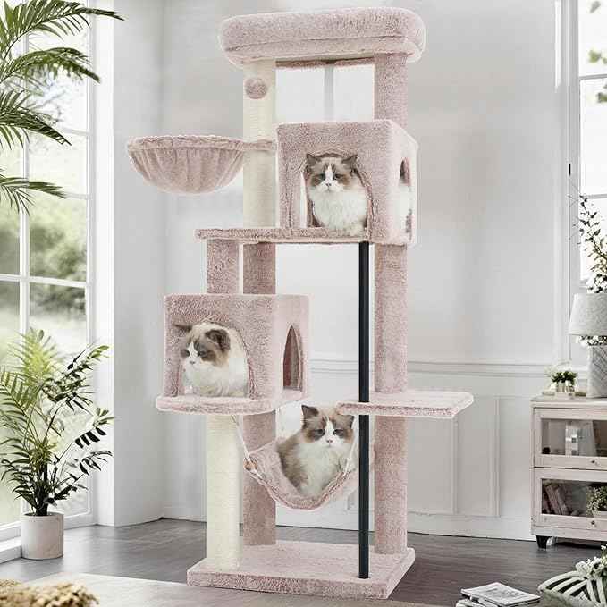 51.2'' Cat Tree Tower, Cat Tower with Scratching Post, Sturdy Steel Pube Cat Tree for Inoor Cats Large Adult, Cat Hammock and Basket, Padding Top Platform, Mushroom GCT014MU