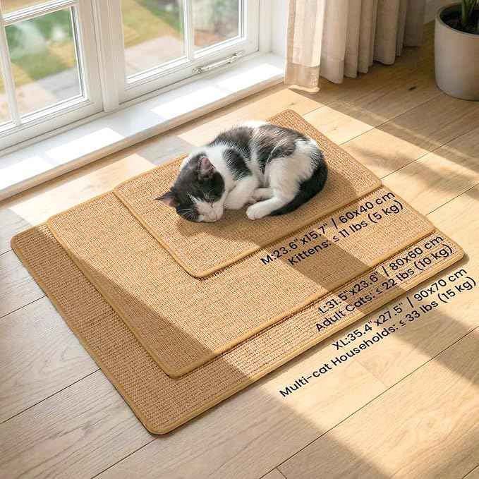 Cat Scratcher Mat,Sisal Cat Scratch Pad with Hook&Loop Tape,Wall Floor Kitten Scratching Pads Rug for Indoor,Furniture Protector for Couch&Carpets&Sofas,Kitty Bithday Gifts,Medium,Brown,2 Pack