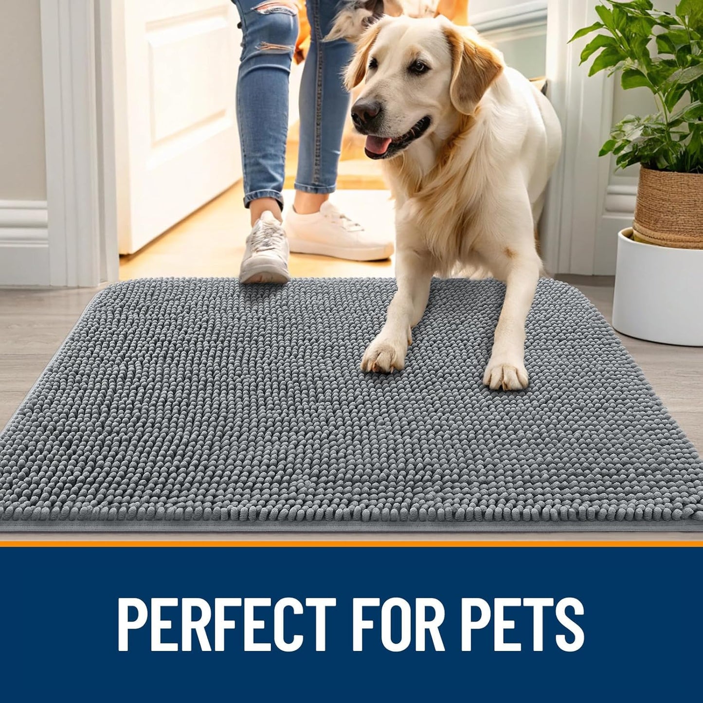 OLANLY Dog Door Mat for Muddy Paws 30x17, Absorbs Moisture and Dirt, Absorbent Non-Slip Washable Doormat, Quick Dry Chenille Mud Mat for Dogs, Entry Indoor Entryway Carpet for Inside Floor, Grey