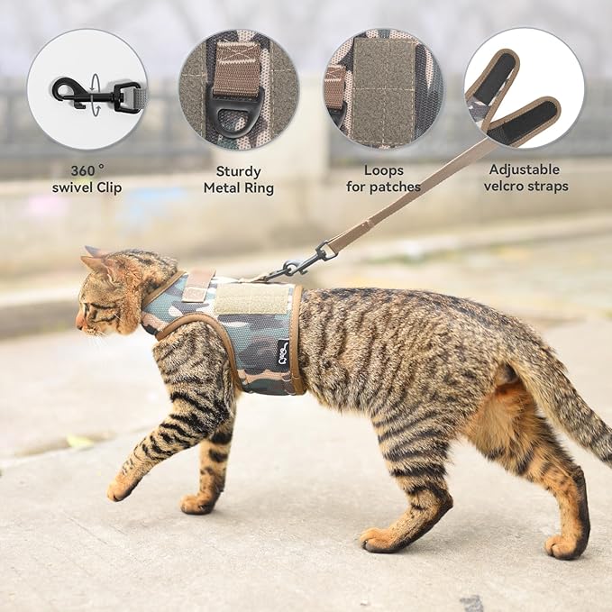 Tactical Cat Harness and Leash for Walking Escape Proof Breathable Mesh Fabric, Green Jungle Camo, Medium, Adjustable Cat Walking Jackets, Padded Stylish Cat Vest