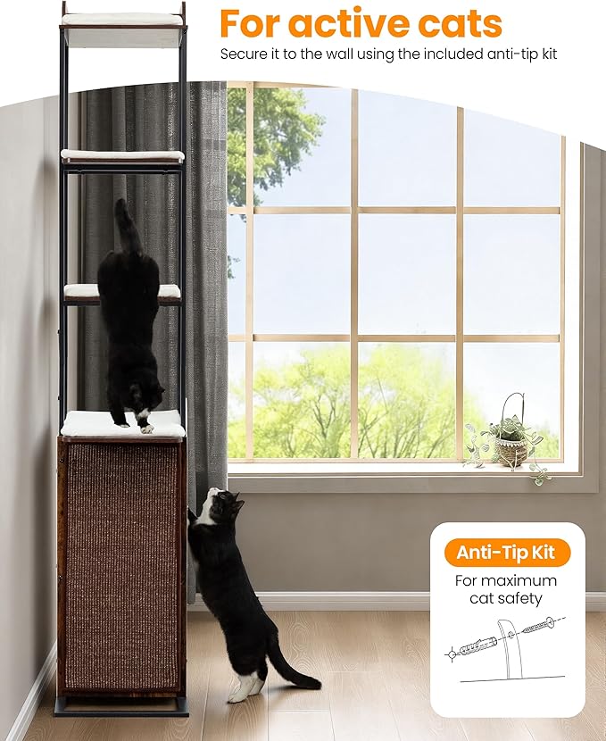 Modern Wood Cat Tree Tower, 84 Inch Extra Tall Cat Condo Trees for Indoor Cats Large Adult, XL Multi-Level Heavy Duty Wooden Sturdy Cat House Furniture with Platform Perch Bed Scratching Post Board
