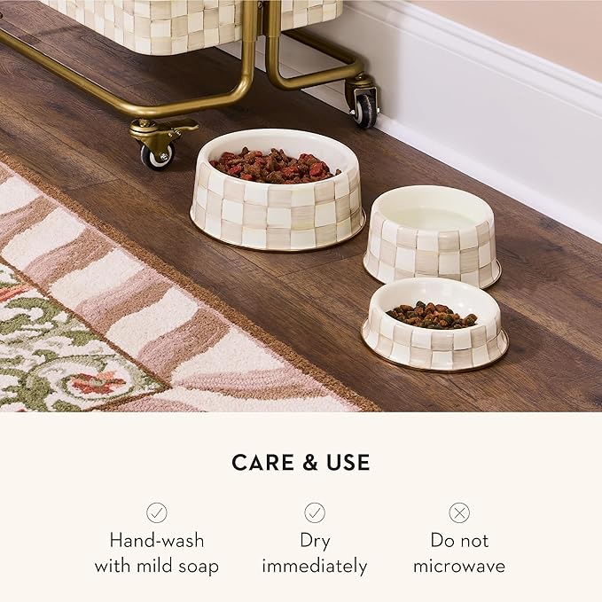 MACKENZIE-CHILDS Enamel Pet Bowl, Cute Cat and Dog Bowl for Food and Water, Large, Brown-and-White Mocha Check
