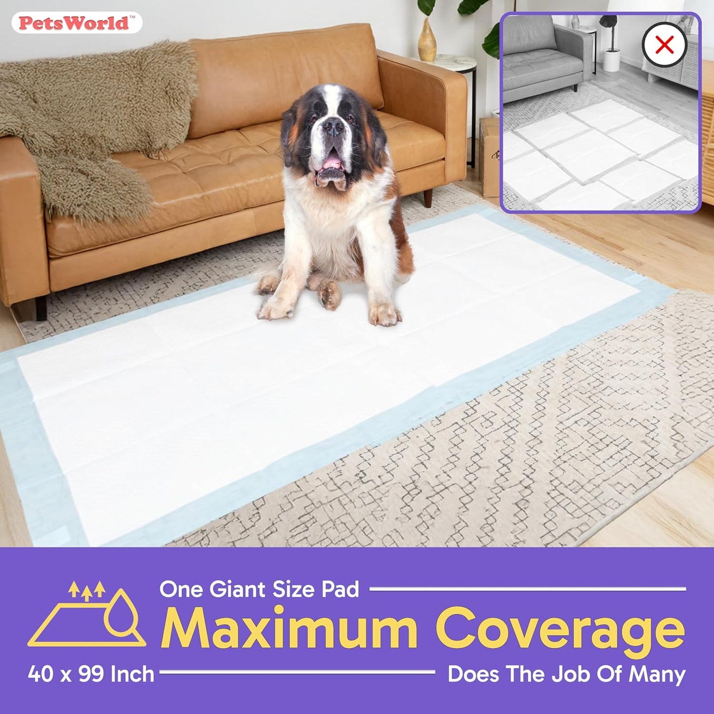 PETSWORLD Mega-Sized Dog Pee Pads (40" x 99") – 4XL Gigantic Pet Piddle Pads for Puppy Training, Incontinence – with Adhesive Sticky Tape – Leak Proof, 5-Layer Protection (240 Count)
