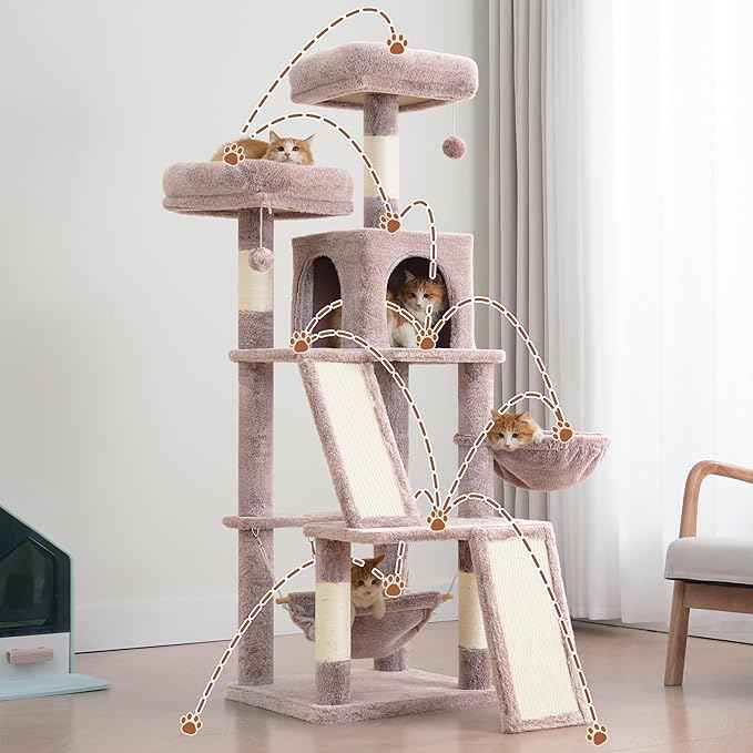 Multi-Level Cat Tree for Indoor Cats, Cat Tower with 2 Scratching Boards, 2 Plush Padding Platforms, Cat Condo House with Hammock, Basket, Muchroom GCT022MU