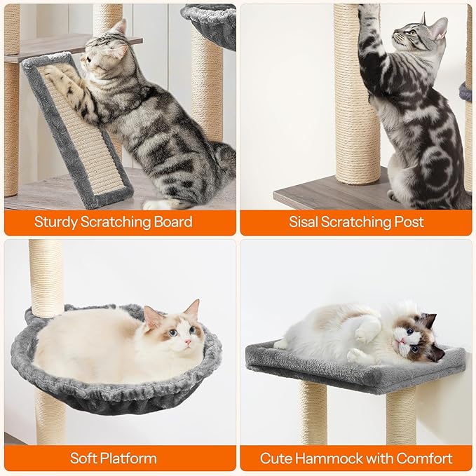 HOOBRO Cat Tree with Litter Box Enclosure, 44" Tall Wooden Cat Tower with Scratching Posts, Cat Hammock, Hidden Litter Box Furniture, All-in-One Indoor Cat Condo, Greige BG48MZ03