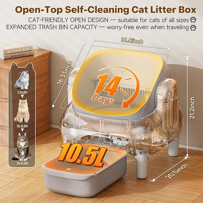 Automatic Cat Litter Box, Self Cleaning Litter Box for Multiple Cats with Open Top Design, App Control, Safet Protection,Ultra-Quiet,Easy Setup,Light Gray