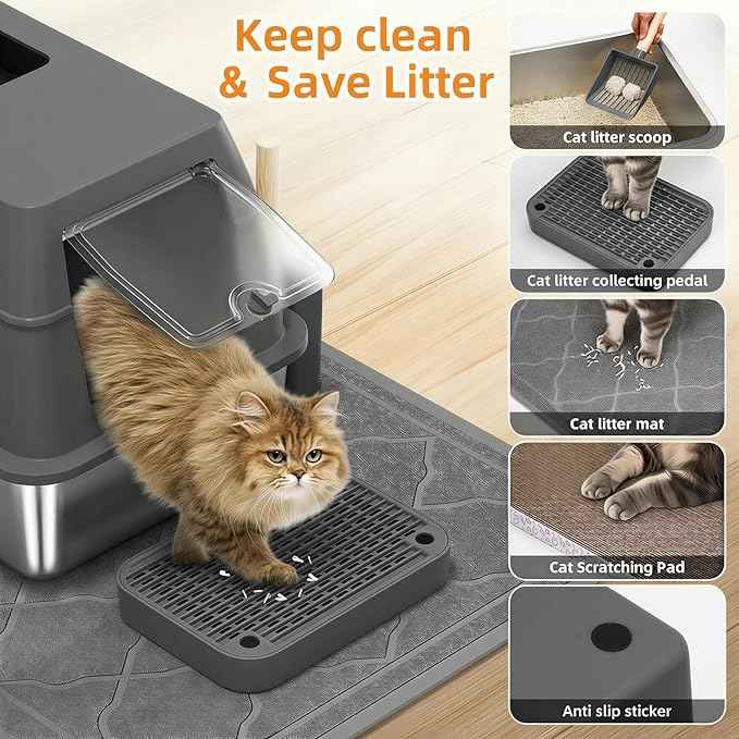 Stainless Steel Litter Box with Lid,Front Entry Top Exit Kitty LitterBox,Extra Large Enclosed Metal Cat Box with Litter Scoop & Litter Mat-Dark Gray
