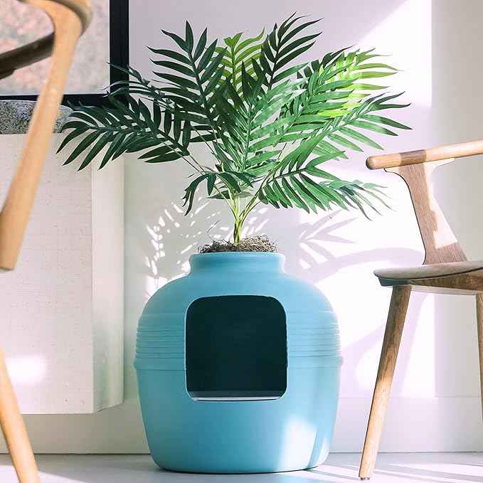 Good Pet Stuff Hidden Litter Box Planter, Decorative Cat Litter Enclosure with Carbon Filter, Artificial Plant, Easy Clean, Indoor Design, Original Round Style, Essentials Kit, Caribbean Blue