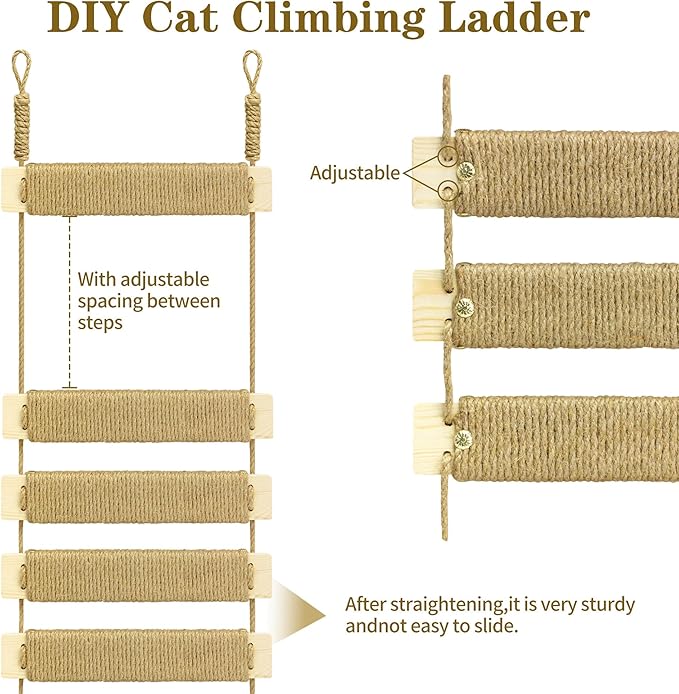 Adjustable Cat Ladder & Bridge - Multi-Functional Wall Furniture Climbing Frame | Sisal-Rope Wrapped Rungs for Secure Climbing | Indoor Cats, Small Pets | Cage Accessories (Wood)
