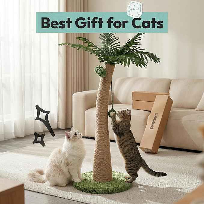 Cat Scratching Post 33 Inch with Hanging Balls, Cat Scratcher for Indoor Kittens, Ultra Stable Base, Paw-Friendly Jute Material, S