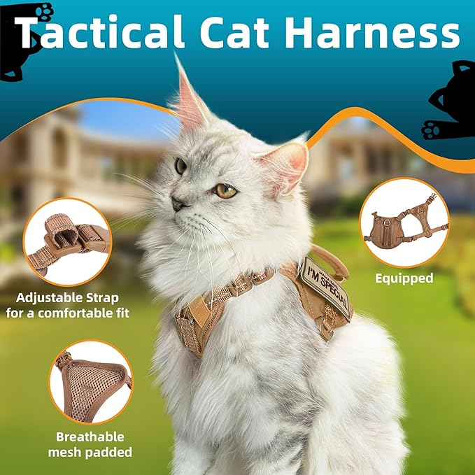 Tactical Cat Harness Khaki for Walking Esacpe Proof,Adjustable Soft Mesh Large Cat Vest with Rubber Handle Easy to Control,Molle Patches L