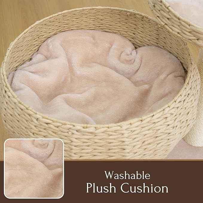 PetPals 23" High Handwoven Recycled Paper Rope Baskets Bed and Perch, Sisal Scratching Post, Playful Teaser Toy, Washable Cushion, for Indoor Cats (Beige)