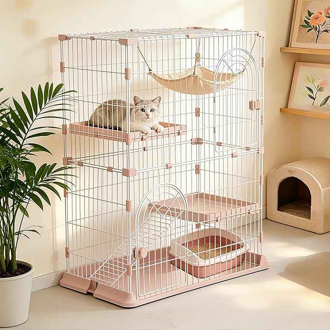 Cat Cage 2-Tier Indoor Cat Enclosure with Widen Bottom Buckle & Reinforced Locking Clamps DlY Cat Playpen for 1-2 Cats & Small Pets,33" Lx 24" W X 43" H (Pink, Two-Tier43)