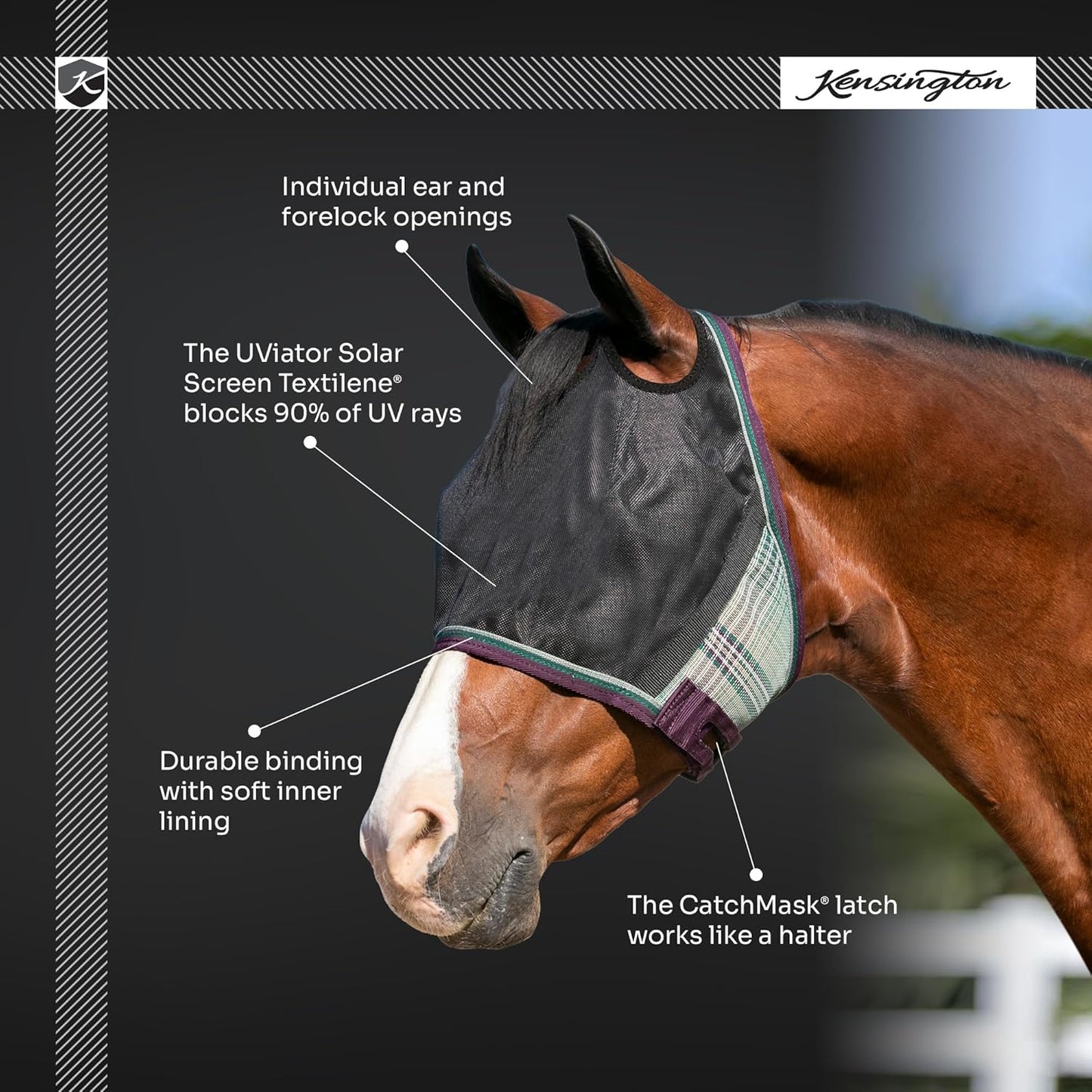 Kensington 90% UV Fly Mask Halter CatchMask UViator - Without Ears & Forelock Freedom Web Trim *Roomy Fit*- Large, Atlantis