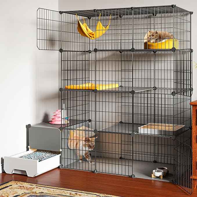 Oneluck Cat Cage with Litter Box,4-Tier DIY Enclosures Large Playpen Detachable Metal Wire Kennel Indoor Crate Large Exercise Place Ideal for 1-2 Cats (41.3" L x 17.8" W x 55.1" H)