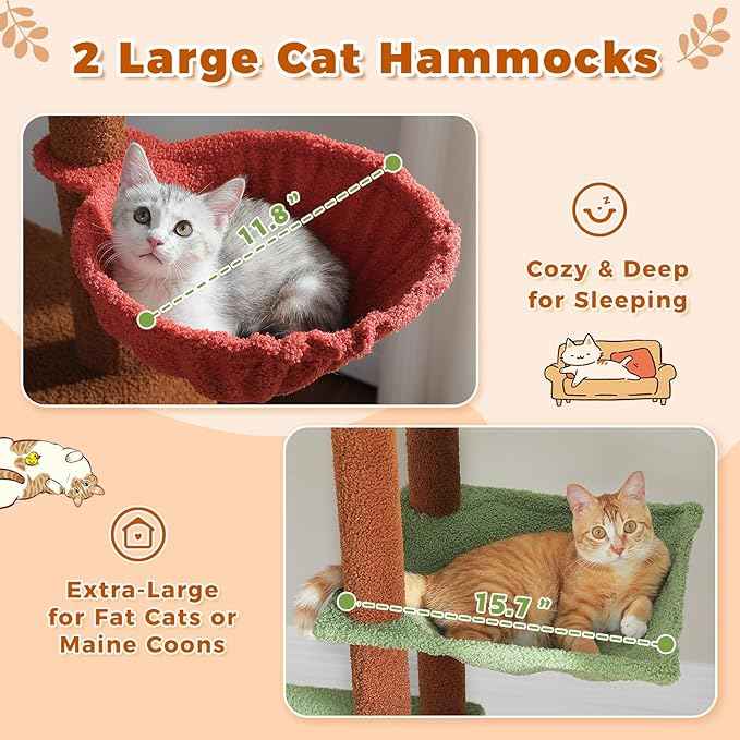 PETEPELA Floor to Ceiling Cat Tree, Adjustable 90.5''-100.4'' Cat Tower Mushroom Climbing Tree with Scratching Posts, Spacious Condo and Large Hammock for Indoor Cats Large Adult, Brown