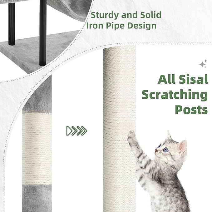 Cat Tree, Cat Tower for Indoor Cats, 43.3 inch Cat Tree Tower with Sturdy Steel Tube, Cat Hammock, Cat Condo for Small Cats and Kittens, Cat Scratching Post, Light Gray GCT004SW