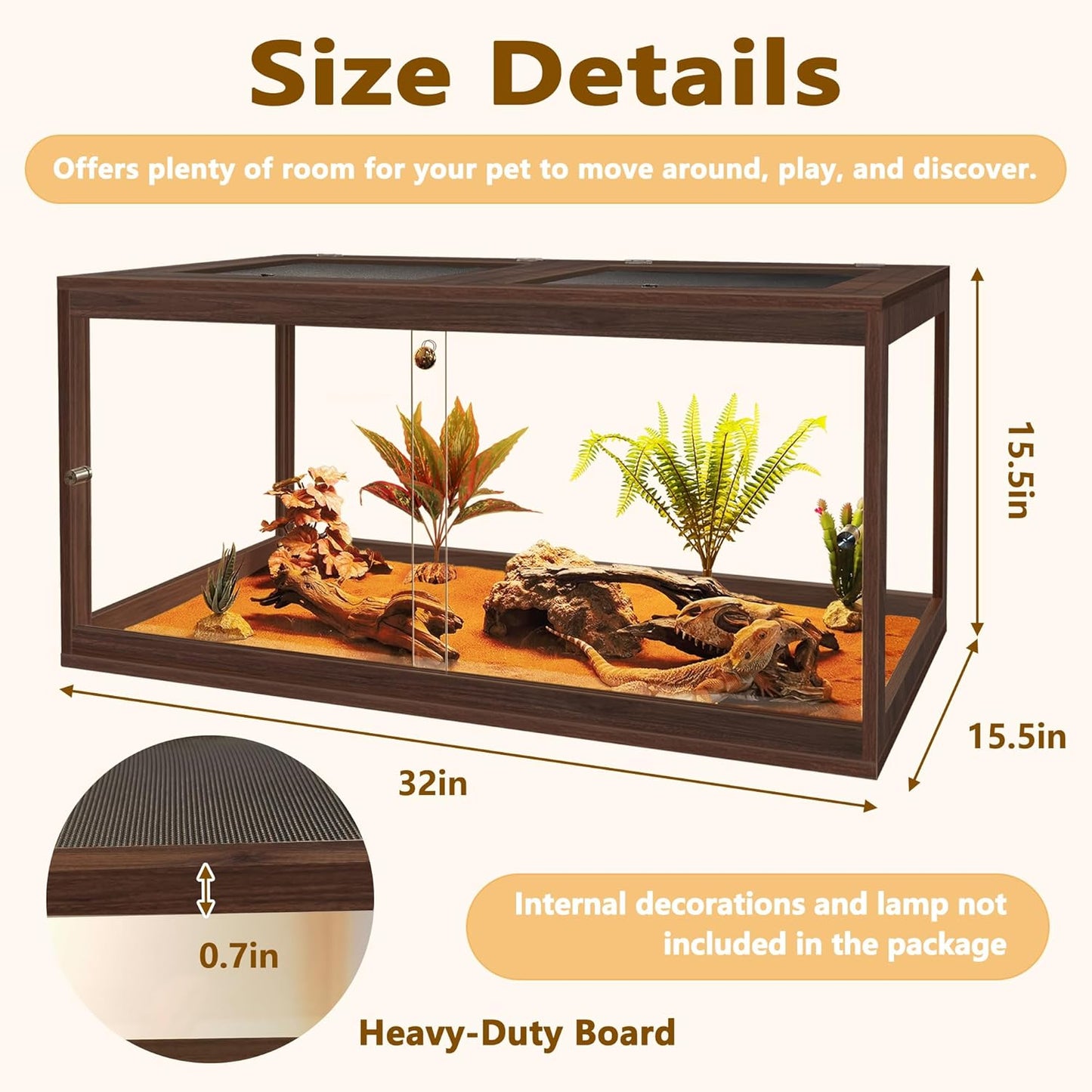 PROLEE Bearded Dragon Tank,34 Gallon Reptile Tank with Meatl Mesh Roof and Front Sliding Door, Anti-Scratch Lizard Tank,Spacious Reptile Enclosure for Snakes,Lguanas, Chameleons(Walnut) - FurryFun