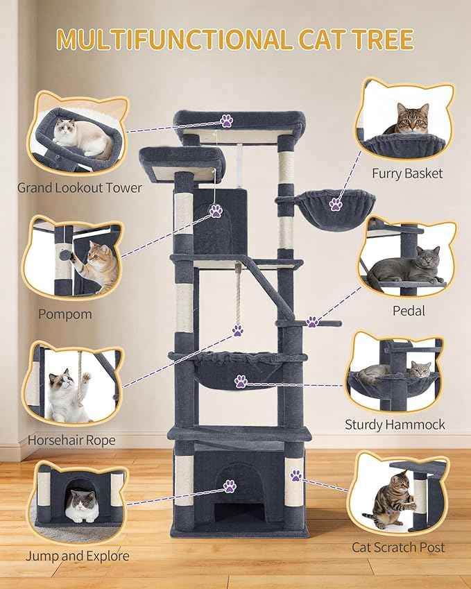 Large Cat Tree, 72 Inch Tall Indoor Cat Tower for 6 Large Cats, Corner Climbing Activity Pet Condo with 2 Large Platforms/2 Cats House/6 Scratching Post/1 Hanging Basket, Dark Gray MS18318SG