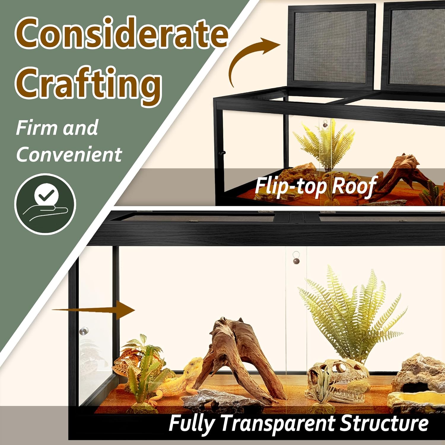 PROLEE Bearded Dragon Tank,Tempered Glass Reptile Tank with Mesh Roof and Front Sliding Door,Anti-Scratch Lizard Tank,Spacious Reptile Enclosure for Snakes,Lguanas (Black, 63Gallons,40"x20"x20") - FurryFun