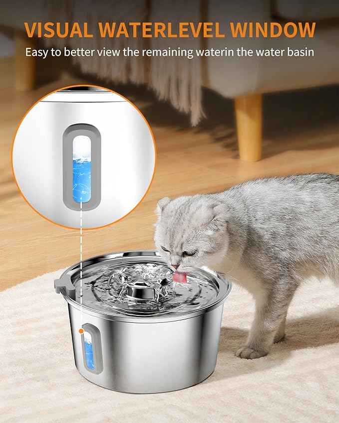 Cat Water Fountain,3.2L/108oz Cat Fountain with Water Level Window,Stainless Steel Pet Water Drinking Fountain for Cats Inside,Quiet Pump for Dogs and Cats(with Water Level Window)