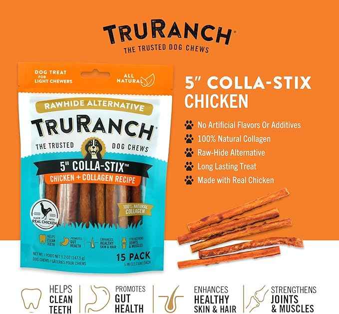 TRURANCH Collagen Sticks - 5" Collagen Sticks for Dogs - Long Lasting Healthy Joint Support - Rawhide Alternative - Skin & Coat Health - Made with Real Chicken, Value Pack, 3 Bags, 45 Count