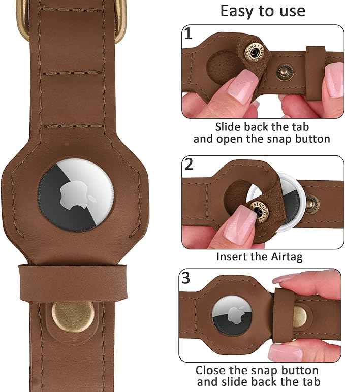 AirTag Dog Collar - Genuine Leather Dog Collar with Apple AirTag Holder and Metal Buckle - Smart GPS Tracking Pet Collars (Tawny, S, 12"-15" Neck Fit)