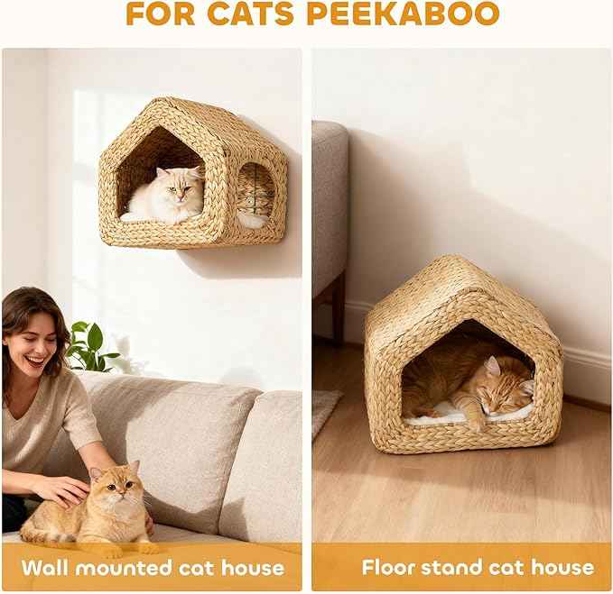 PawHut Wall Mounted Cat House, Cat Wall Condo Furniture with Washable Cushion, Kitty Shelf Bed for Indoor Cats Kittens, Natural