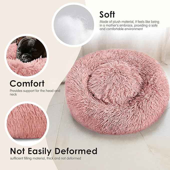 Dogs Bed for Small Dogs, Anti-Anxiety Washable Round Bed (Pink, 24.0" L x 24.0" W x 8.0" Th)