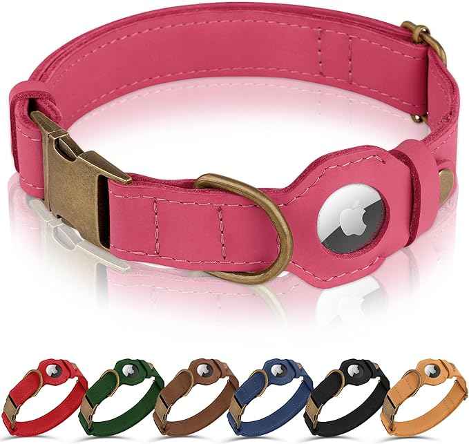 AirTag Dog Collar - Genuine Leather Dog Collar with Apple AirTag Holder and Metal Buckle - Smart GPS Tracking Pet Collars (Pink, XS, 9"-12" Neck Fit)