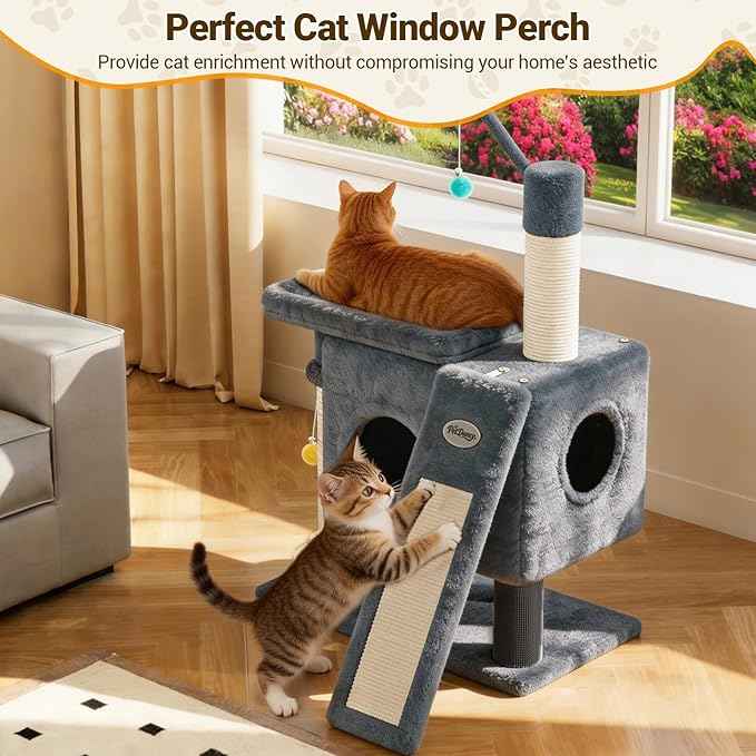 PetDance 37in All-in-1 Small Cat Tree for Indoor Cats | Space-Saving Cat Tower with Cozy Condo, Cat Window Perch, Sisal Scratching Posts, Interactive Ball Track Toy & Self-Grooming Brush,Light Gray