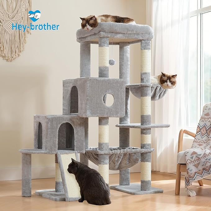 Hey-brother Cat Tree Tower, Scratching Posts with Big Platform, 2 Condos, Spacious Hammock, Cozy Basket, Sisal Board for Indoor Large Adults, 50 Inches Progressive Climbing House, Light Gray MPJ071W