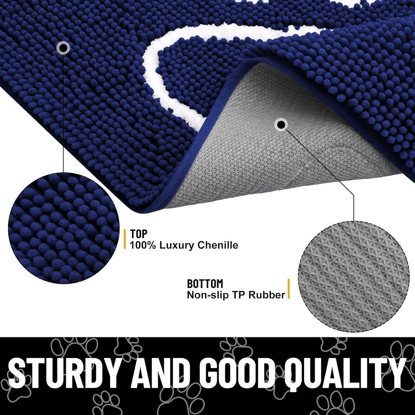 Smiry Dog Door Mat for Muddy Paws, Absorbent Dirt Trapper Non Slip Quick Dry Washable Chenille Mat for Mud Dogs, Entry Rug for Indoor and Outdoor (47x32 Inches, Navy Blue)